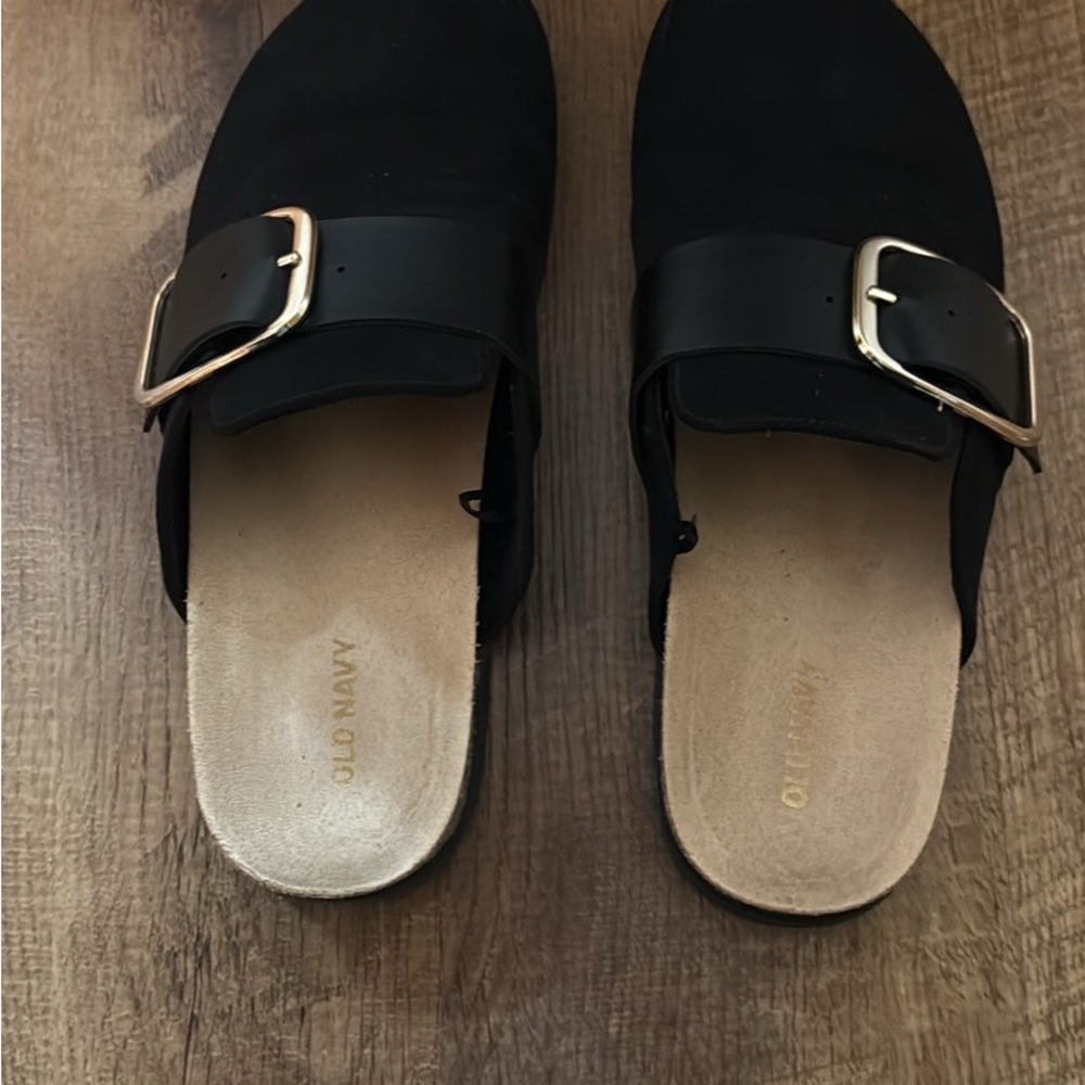 Old Navy Black Mules with Gold Buckle